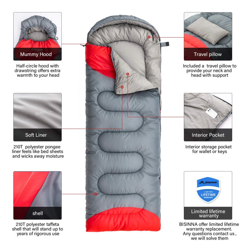 BISINNA Sleeping Bag with Pillow - 4 Season Backpacking Sleeping Bag Lightweight Waterproof Warm and Washable for Adults, Kids, Women, Men's Outdoors Camping, Hiking, Mountaineering(Right Zipper) - Image 3